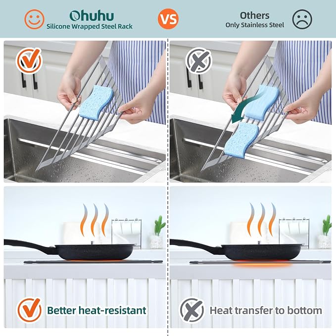 Ohuhu Triangle Roll Up Dish Drying Rack, Silicone Wrapped Steel Anti-Slip Sink Corner Rack Caddy Multipurpose Strainer for Kitchen Sink Trivet Space-Saving