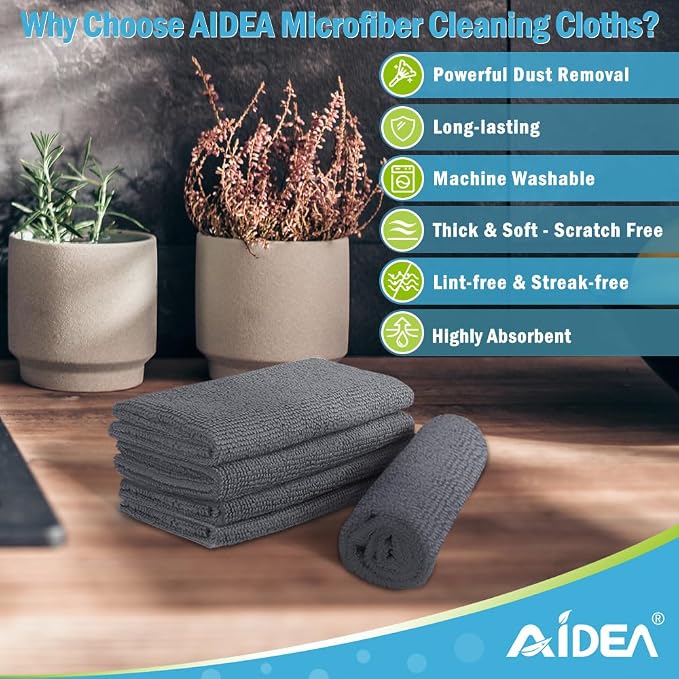 AIDEA Microfiber Cleaning Cloth Grey-200PK, Soft Absorbent Rags, Microfiber Towels for Cars, Kitchen Towels, Dusting Cloth for Home, Window, Cleaning Supplies, 12"×12"