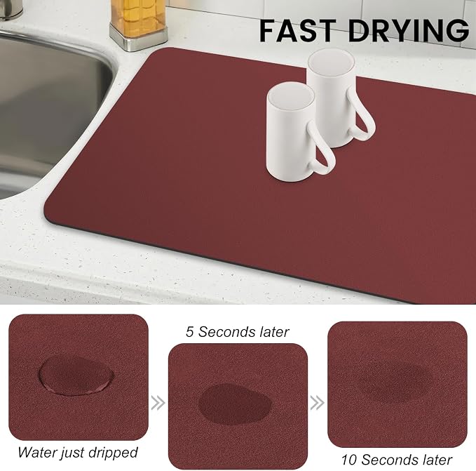 WISELIFE Dish Drying Mat Super Absorbent Drying Mat Large Dish Drying Mats for Kitchen Counter Easy Clean Dish Mat Kitchen Drying Mat16"x 24" Classic Red