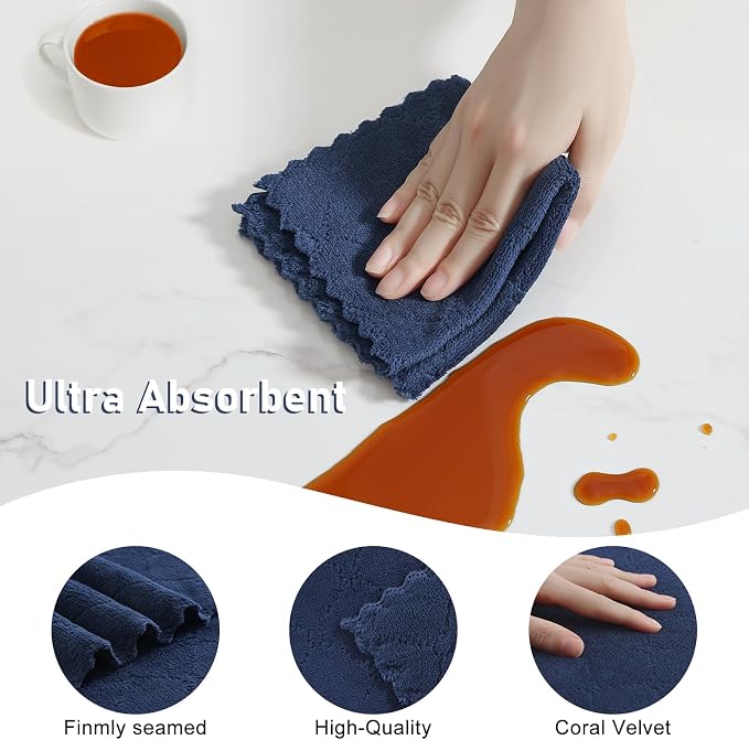 Homaxy Kitchen Towels and Dishcloths Set, 10 x 10 and 13 x 19 Inches, Set of 12 Super Soft and Absorbent Coral Velvet Kitchen Towels, No Lint and Nonstick Oil Fast Drying Dish Towel, Navy Blue