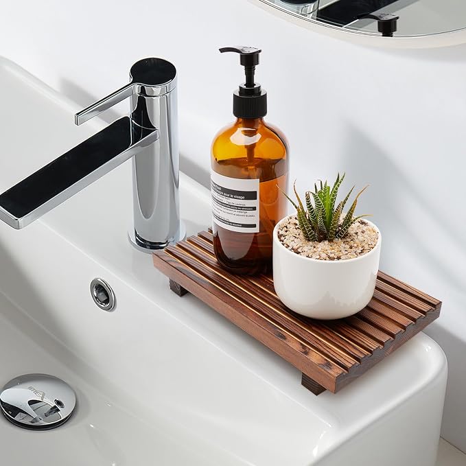 Farmhouse Bathroom Counter Organizer Wooden Display Stand Kitchen Tray | Small Counter Trays Decorative Wood Riser Pedestal Dish Soap Dispenser Holder for Bathroom Decor Sink Accessories Vanity Tray