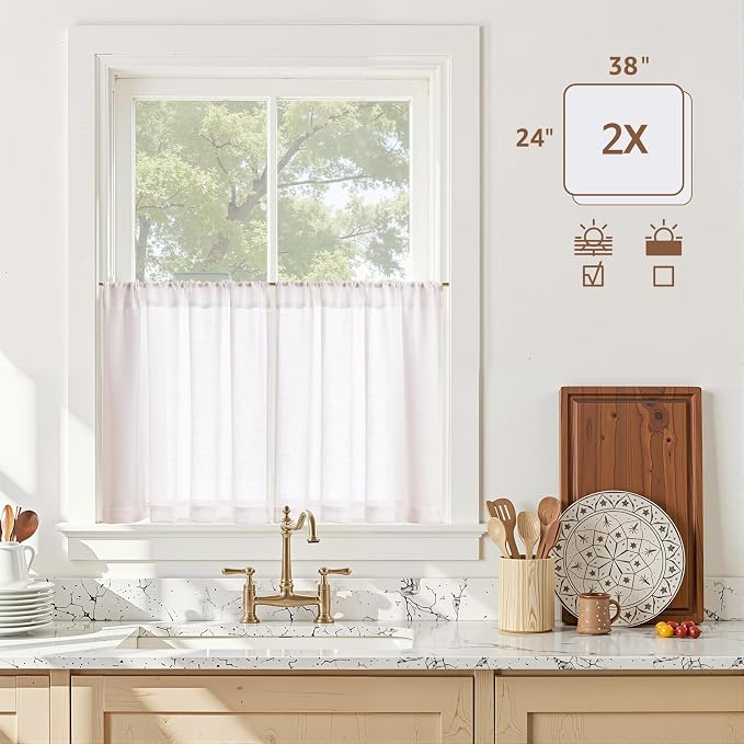 jinchan Linen Kitchen Tier Curtains, 38x24, 2 Panels, Beige White | Light filtering, linen blend, rod pocket, farmhouse style, rustic decor, kitchen, bathroom, laundry room, RV, small windows