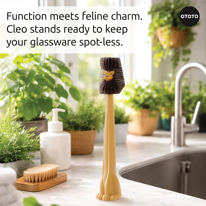 OTOTO Cleo Dish & Water Bottle Brush – Silicone Baby Bottle Brush, Water Bottle Cleaner, Dish Brush with Long Handle, Cute Lion Design, Crevice Cleaning Brush, Baby Essentials, Kitchen Gadgets