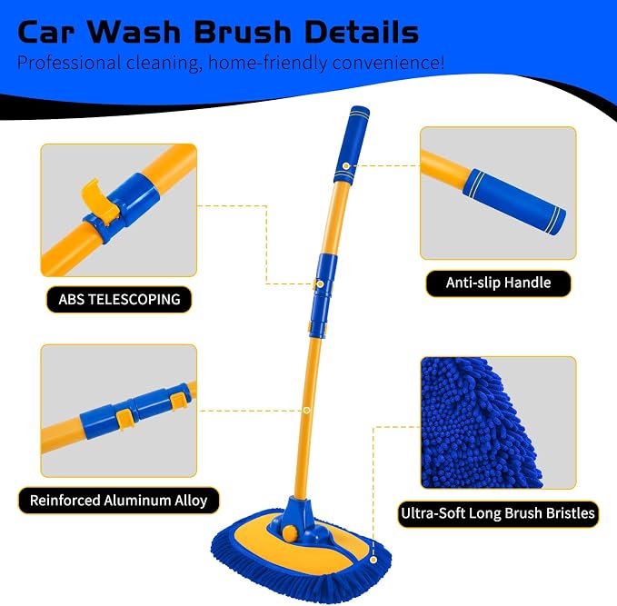 Ordenado 15°Curved Car Wash Brush with Long Handle, 43" Car Cleaning Brush with Extension Pole, Microfiber RV Wash Mop Scratch-Free, Exterior Washer Mop for Washing Roof Truck Camper SUV Caravan Blue