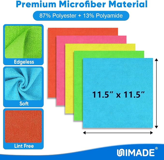 UNIMADE Microfiber Cleaning Cloth, 50PK Reusable Shop Rags Bulk Microfiber Cleaning Cloth Lint Free Cleaning Towels for Car Kitchen Automotive Bar Mechanic Restaurant Garage, 11.5"x11.5", Multicolor