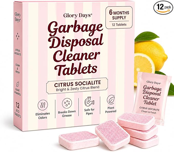 Glory Days Garbage Disposal Cleaner and Deodorizer Tablets | Foaming Citrus Drain Freshener, Sink Odor and Grease Buildup Remover, Septic Safe, Plant Based, Plastic Free