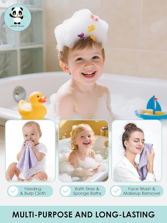 HIPHOP PANDA Baby Washcloths, Rayon Made from Bamboo - 2 Layer Ultra Soft Absorbent Newborn Bath Face Towel - Reusable Baby Wipes for Delicate Skin - Purple, 6 Pack