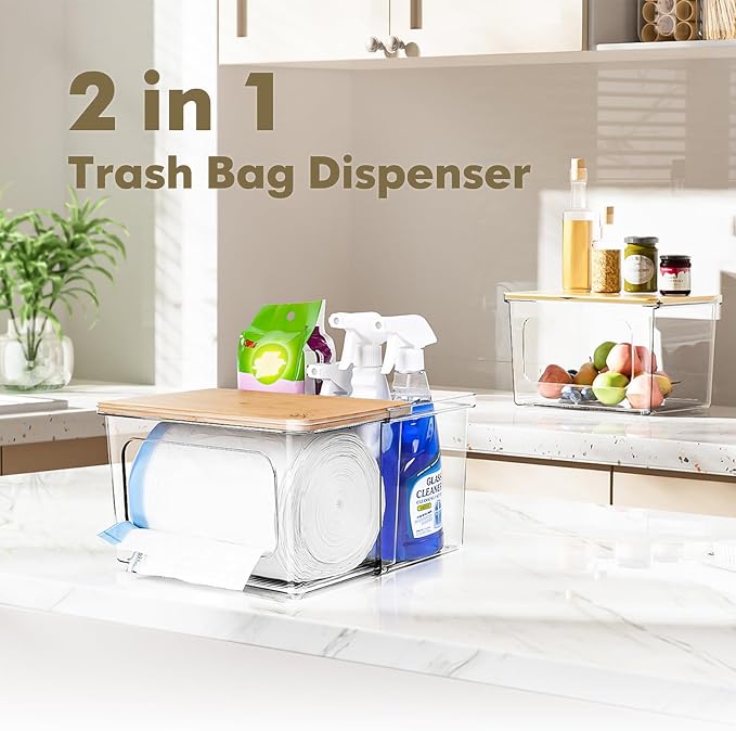 iCASA Trash Bag Dispenser Holder - 2 in 1 Acrylic Under Sink Organizer | Garbage Bags Dispenser with Bamboo Lid, Holds up to 100 Count, 13/30/33 Gallon Bag Roll, Pantry Organization and Storage