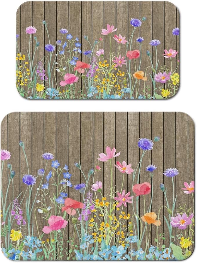 Dish Drying Mat 2-Pack, Wood Floral For Kitchen Counter Dishes Drying | Diatom Mud Mats (18x24, 19.5x12"). Non-slip rubber back for kitchen counter, coffee bar & sink scenes