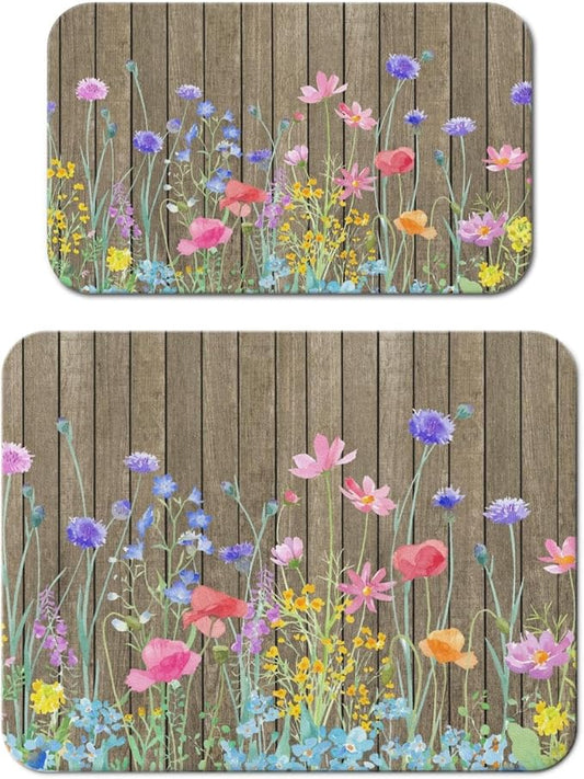 Dish Drying Mat 2-Pack, Wood Floral For Kitchen Counter Dishes Drying | Diatom Mud Mats (18x24, 19.5x12"). Non-slip rubber back for kitchen counter, coffee bar & sink scenes