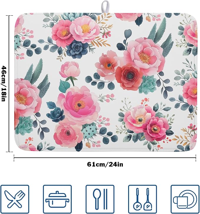 Spring Floral Dish Drying Mat for Kitchen Counter Spring Summer Flowers Kitchen Dish Drying Pad 18”x24” Absorbent Reversible Watercolor Flowers Dishes Drainer Pad Dish Drying Rack Mat for Countertop