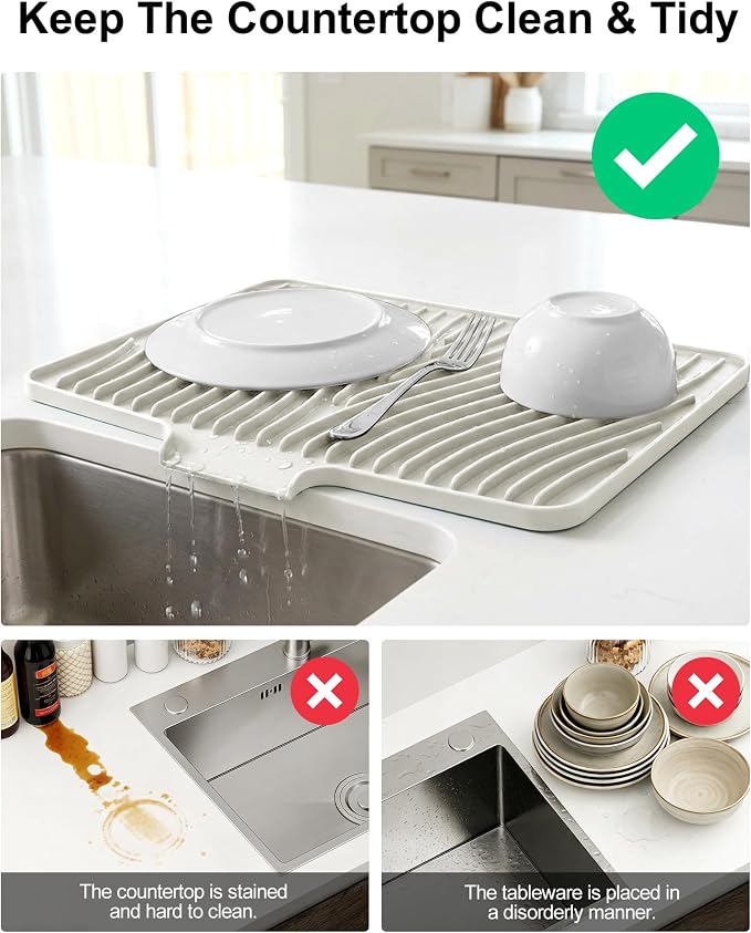 Silicone Dish Drying Mat, Silicone Drying Mat for Kitchen Counter with Built-In Drain, Non-Slip Drain Pad with Built-in Drain, Heat Resistant Silicone Drying Mat, 1Pcs 19.7" x 15", Cream
