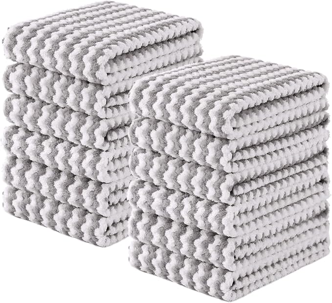 Homaxy Kitchen Towels(12 Pack, 10 x 20 inches), Ultra Soft and Absorbent Dish Towels, Reusable Fast Drying Microfiber Cleaning Cloth, Coral Velvet Wave Design No-lint, Grey