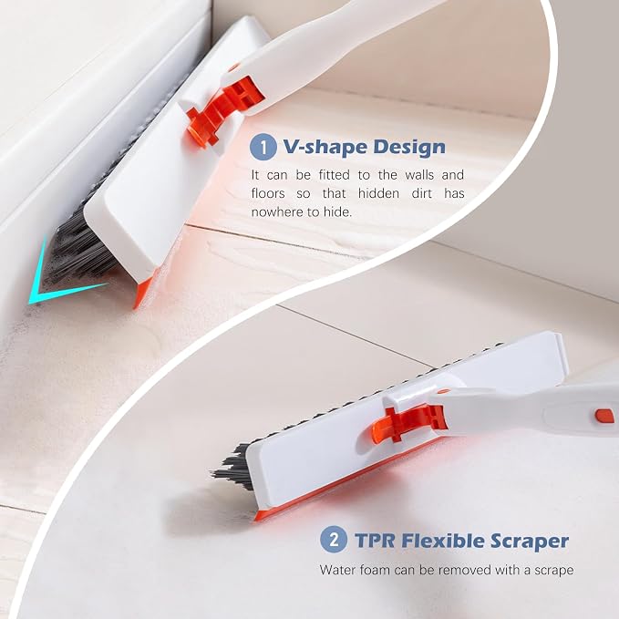 SetSail 4-in-1 Tile Tub Floor Scrubber with V-Shaped Grout Brush, Orange | with 3 Detachable Replacement Brush Head, Multi-Angle Cleaning Locks at 45°, 90°, 180° for Bathroom Kitchen Walls Tub Tile