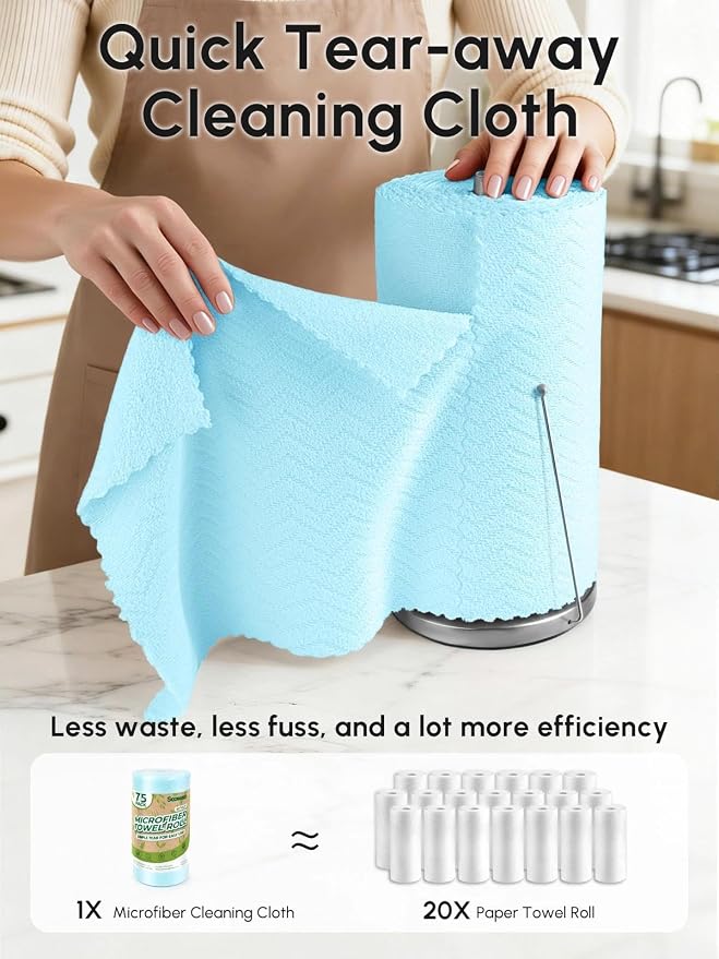 Microfiber Cleaning Cloths Roll, 75 Pack Tear Away Microfiber Towels Roll, 12" x 12" Lint Free Rags, Reusable Cleaning Cloths, Washable, Scratch Free,Ultra Absorbent Dish Rags(Blue Ripple)