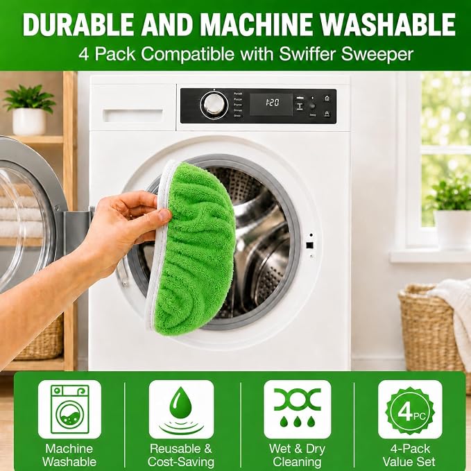 4 Pack Reusable Microfiber Mop Pads Compatible with Swiffer Sweeper, Washable Wet & Dry Mopping Pad Refills for Hardwood, Pet Hair, Laminate, Marble, Multi-Surface Floor Cleaning