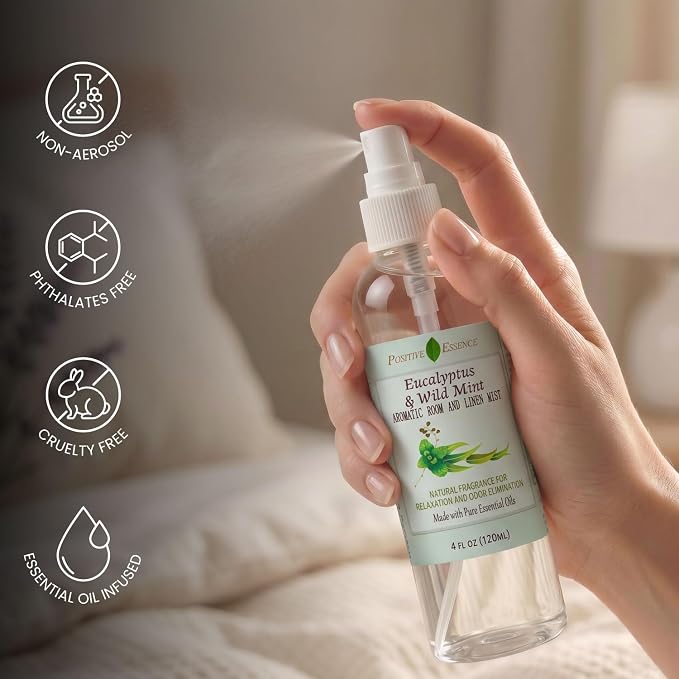 Eucalyptus & Wild Mint Room and Linen Spray, Natural Aromatic Mist Made with Pure Eucalyptus & Wild Mint Essential Oils, Refreshing Air Freshener Odor Eliminator Positive Essence