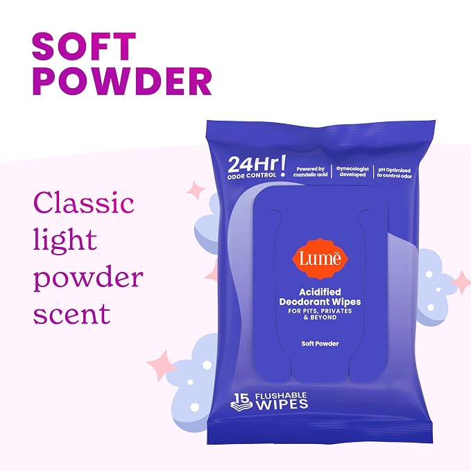 Lume Acidified Deodorant Wipes - 24 Hour Odor Control - Whole Body Deodorant Wipes - Aluminum Free, Baking Soda Free, Skin Loving - Flushable - 15 Count - 3 Pack (Soft Powder)