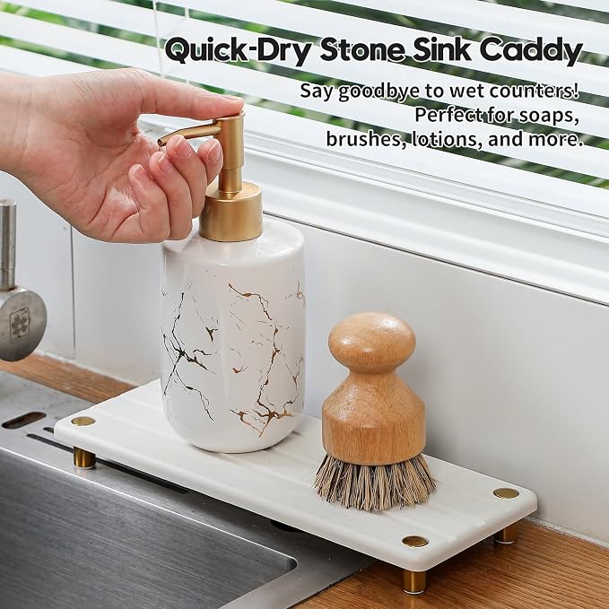Razborci Instant Dry Sink Caddy Kitchen Sink Organizer, Quick Drying Diatomaceous Earth Stone Sink Tray Sponge Holder Soap Dish, Bathroom Countertop Vanity Dispenser Toothbrush, Gold White, 10" x 4"