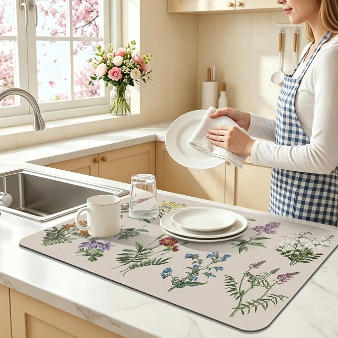 LOKHOM Dish Drying Mat for Kitchen Counter, 17"x28" Absorbent Coffee Bar Mat with Vintage Sage Flower Herbs, Dish Drainer Rack Mat for Kitchen Counter