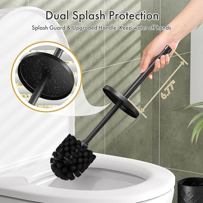 Toilet Bowl Brush and Holder Set 2 Pack with 4 Extra Brush Heads | Extra Long Handle with Splash Guard Cover, Tool-Free Installation, Bathroom Space-Saving, Cleaner Sets for Apartments, RV (Black)
