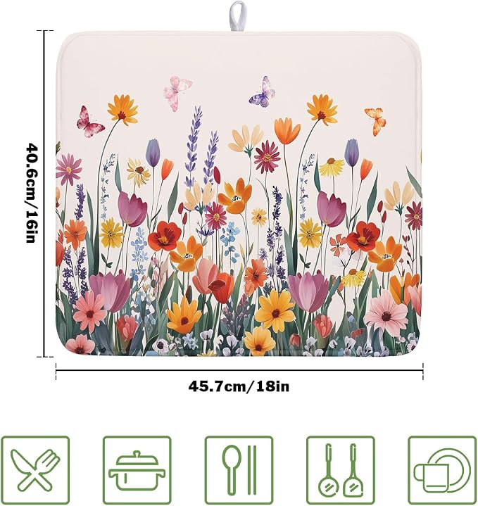 Kawani Spring Summer Flowers Dish Drying Mat for Kitchen Counter 16"x18" Colorful Floral Drying Mat Soft Absorbent Microfiber Farmhouse Fluttering Butterfly Dish Drainer Rack Mats for Counter tops
