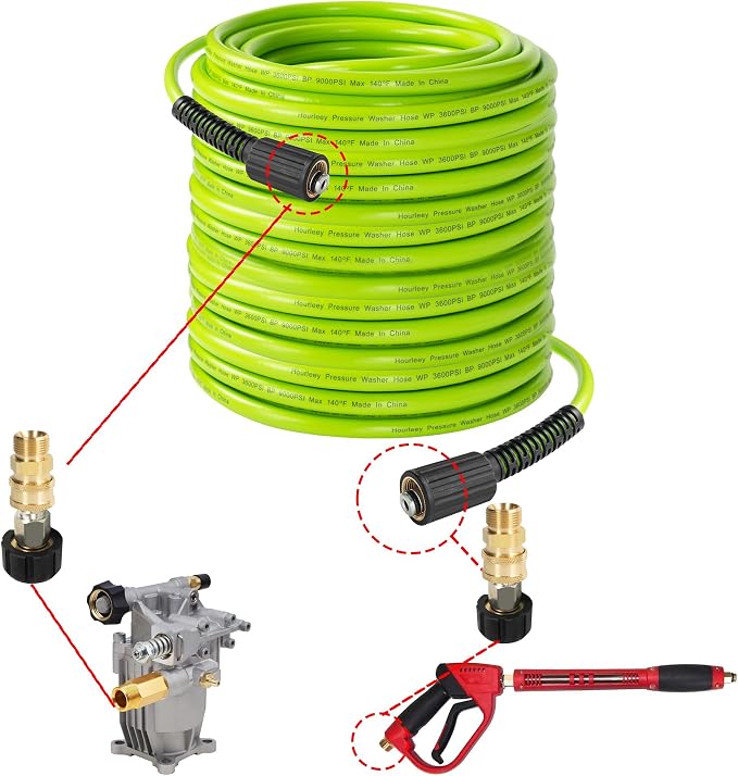 Hourleey Pressure Washer Hose 100 FT, 3600 PSI Flexible Kink Resistant Power Washer Hose Replacement, 1/4" Quick Connect Pressure Hose Extension, Green