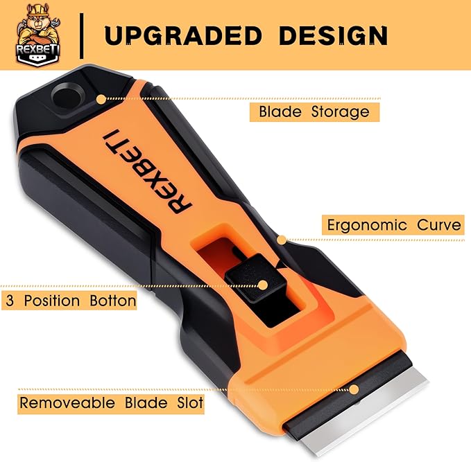 REXBETI Razor Blade Scraper Tool, Upgraded Windows, Glass Stovetop Scraper | 7 metal & 150 plastic blades. Removing paint, grease, adhesive, stickers, labels, decal. General cleaning tool. Blade Storage