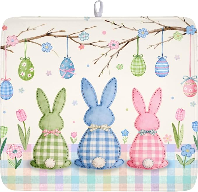 Easter Bunny Dish Drying Mat for Kitchen Counter 16 x 18 Inch Rabbit Eggs Dish Drainer Mat Absorbent Microfiber Dish Rack Pad for Spring Holiday Coffee Dining Bar Decor