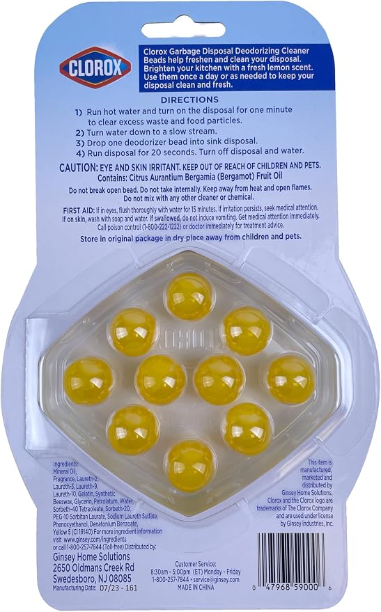 Clorox Garbage Disposal Cleaner and Deodorizer Beads, Lemon-Scented 2-Pack (20 count), freshener for sinks and drains, degreases and cleans disposals