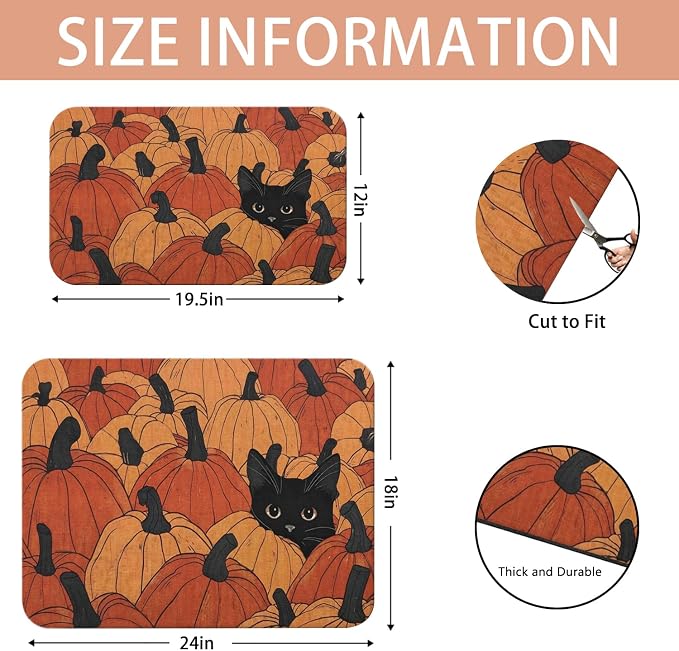 Fall Dish Drying Mat 2-Pack with Cat for Kitchen Counter Absorbent Dishes | Diatom Mud Mats (18x24, 19.5x12"). Non-slip rubber back for kitchen counter, coffee bar & sink scenes