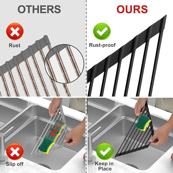 MERRYBOX Triangle Roll Up Dish Drying Rack Over The Sink, 2025 Anti-Rust Sink Drying Rack with Full Silicone Wrapped- Anti-Slip, Space Saving, Durable Organizer for Kitchen