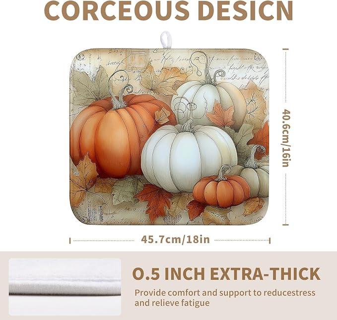 Fall Dish Drying Mats for Kitchen Counter Autumn Pumpkin Maple Leaf Vintage Drying Mats Thanksgiving Holiday Dishes Drainer Pad Microfiber Absorbent Reversible Dish Draining Mat 16x18 Inch