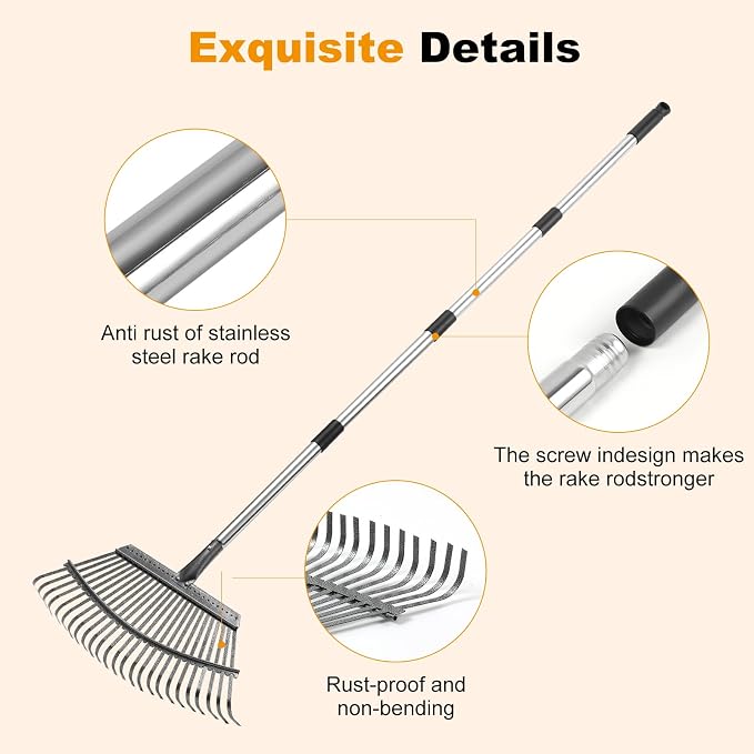 Heavy Duty Garden Rake, Metal Leaf Rake with 73 Inch Adjustable Handle and 25 Tines for Lawn, Yard, Garden Beds, Leaves, Debris and Shrubs