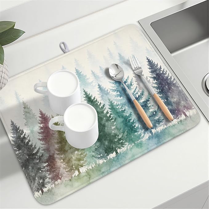 Giwawa Pine Tree Dish Drying Mat Natural Forest Fog Microfiber Dishes Pad 18x24 Inch Absorbent Fast Dry Dish Drainer Rack Mats for Kitchen Counter