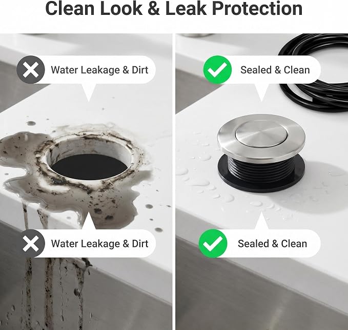 Garbage Disposal Air Switch Button Kit with 5ft Air Hose & Sink Hole Cover, Sink Top Push Button Replacement, Stainless Steel Waterproof Air Activated Switch for Kitchen Disposal, Universal Fit