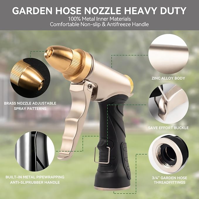 High pressure garden hose nozzle spray，Leak-Proof heavy metal water gun, watering plants and lawn, car washing, yard and pets (Soft Rubber Comfort Grip)