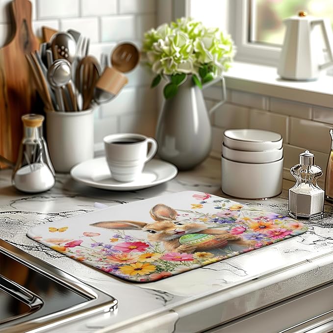 Spring Easter Dish Drying Mat for Kitchen Counter Easter Bunny Rabbit Eggs Flowers Dishes Drainer Mats 16x18 Microfiber Absorbent Medium Dish Drying Pad for Kitchen Countertop Tableware Decor