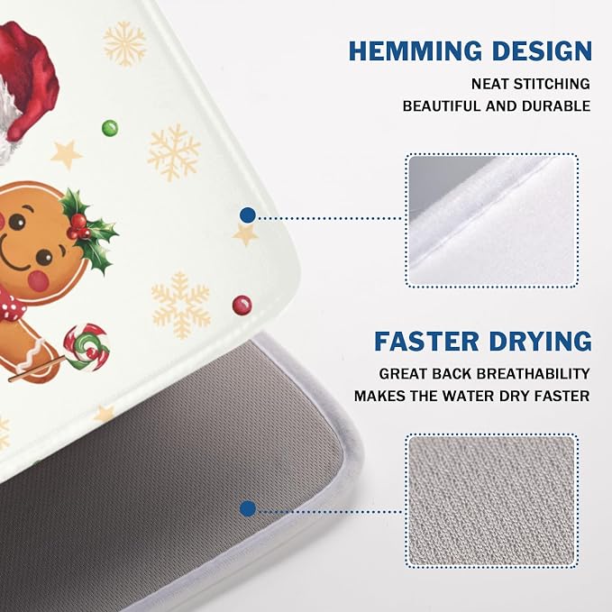 Christmas Gingerbread Man Dish Drying Mat for Kitchen Counter Xmas Gold Snowflake Dish Drainer Mat Rustic Farmhouse Winter Holiday Absorbent Washable Drying Pad 18"x24"