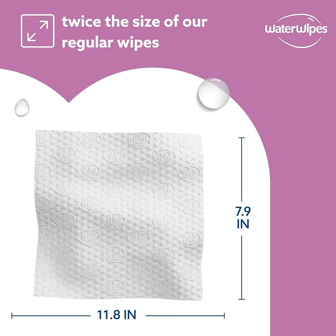 WaterWipes Sensitive Whole Body Cleansing Wipes, 99.9% Purified Water, XL Textured Wipes, Incontinence Care, Fragrance Free, 180 Count