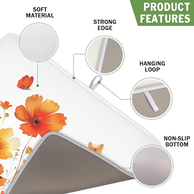 Fall Dish Drying Mat for Kitchen Counter 16 x 18 Inch Autumn Orange Floral Dish Drainer Mat Absorbent Microfiber Thanksgiving Harvest Dish Rack Pad for Coffee Dining Decor