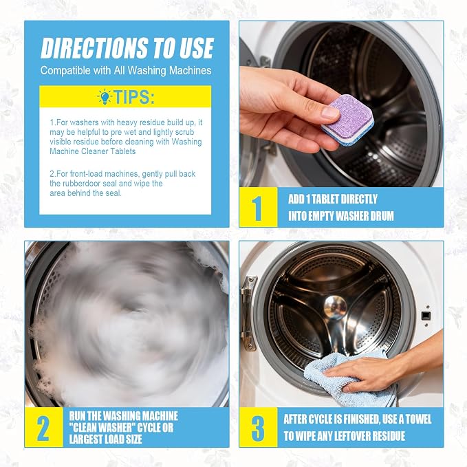 Washing Machine Cleaner Tablets - 24 Pack (12 Month Supply) | HE Compatible for Top & Front Load Washers | Pet-Safe Formula Eliminates Odors, Lint & Detergent Buildup (Lavender scent)
