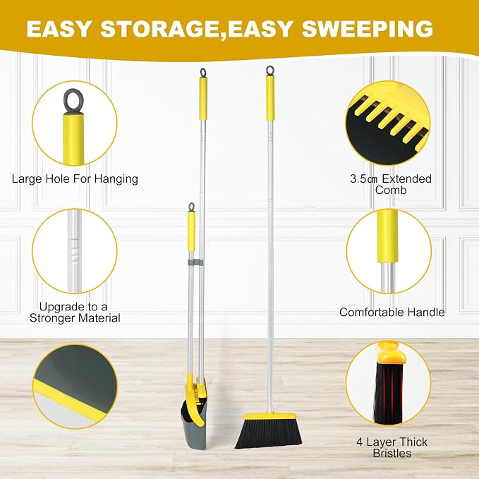Broom and Dustpan Set with 54 Inch Long Handle - Perfect Dust Pan and Brush Combo for Home Efficient Cleaning (Yellow and Grey)