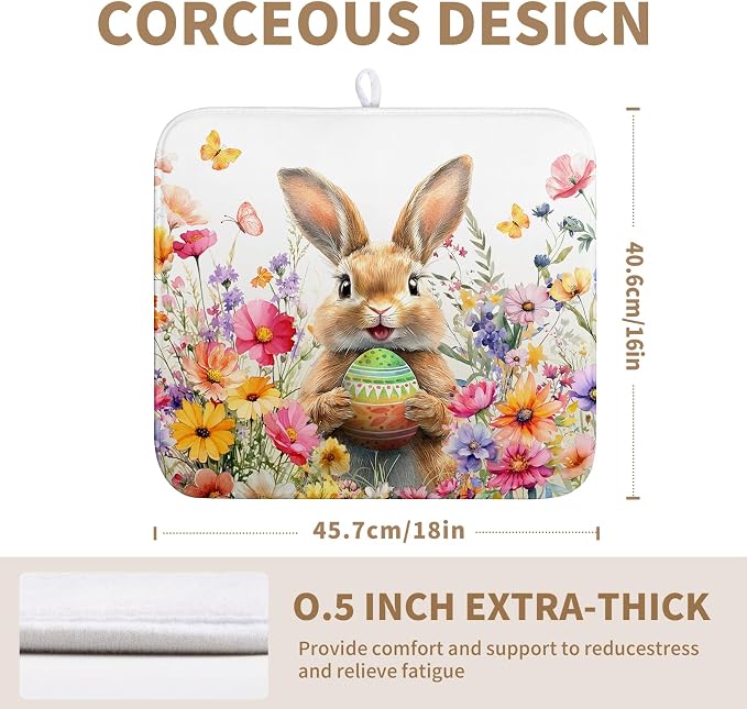 Spring Easter Dish Drying Mat for Kitchen Counter Easter Bunny Rabbit Eggs Flowers Dishes Drainer Mats 16x18 Microfiber Absorbent Medium Dish Drying Pad for Kitchen Countertop Tableware Decor