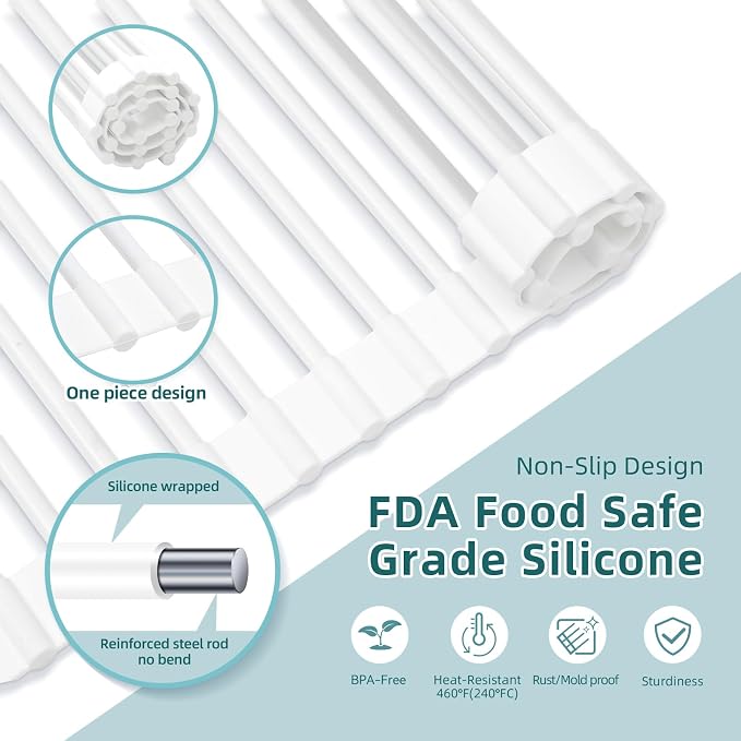 Ohuhu Over Sink Dish Drying Rack, 17.6" W x 15.4" L Roll Up Dish Racks Kitchen Sink Organizer Silicone Wrapped Large in Sink Dish Drying Rack Foldable Rolling Drain Mats Anti-Slip