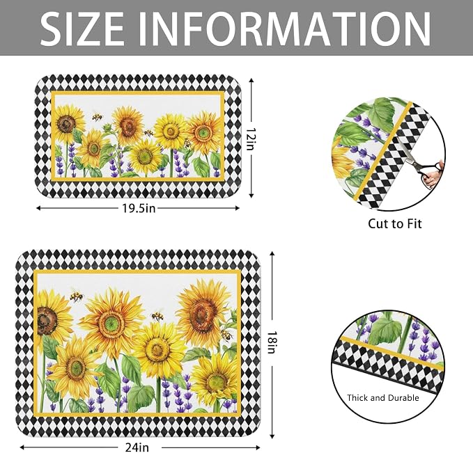Dish Drying Mat 2-Pack in Sunflower Bee for Kitchen Counter Dishes Mat | Diatom Mud Mats (18x24, 19.5x12"). Non-slip rubber back for kitchen counter, coffee bar & sink scenes