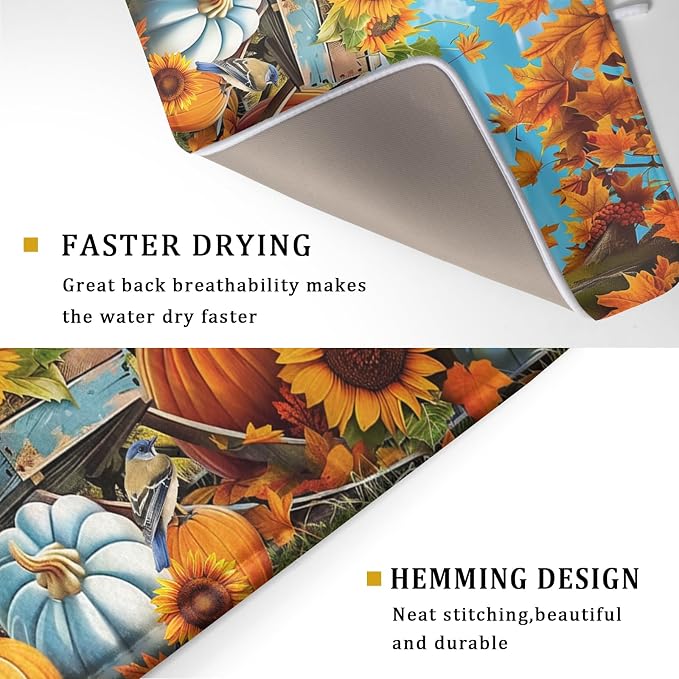 Fall Dish Drying Mat for Kitchen Counter Autumn Pumpkin Cute Bird Microfiber Absorbent Dish Draining Reusable Washable Foldable Extra Large 18"x24"