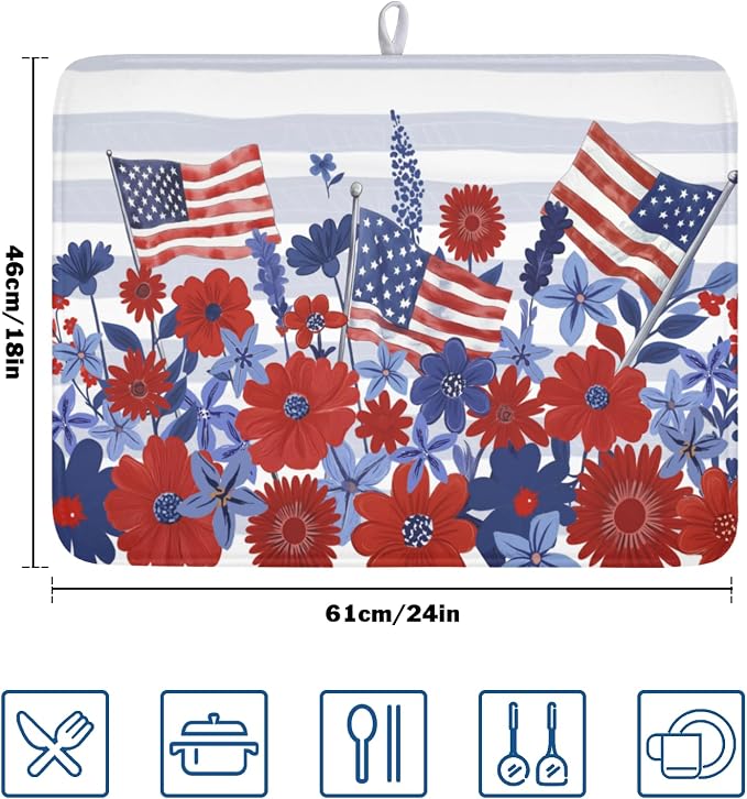 Patriotic Floral Dish Drying Mat for Kitchen Counter 4th of July American Flag Microfiber Dish Drainer Mat Red and Blue Flower Absorbent Washable Drying Pad 18"x24"