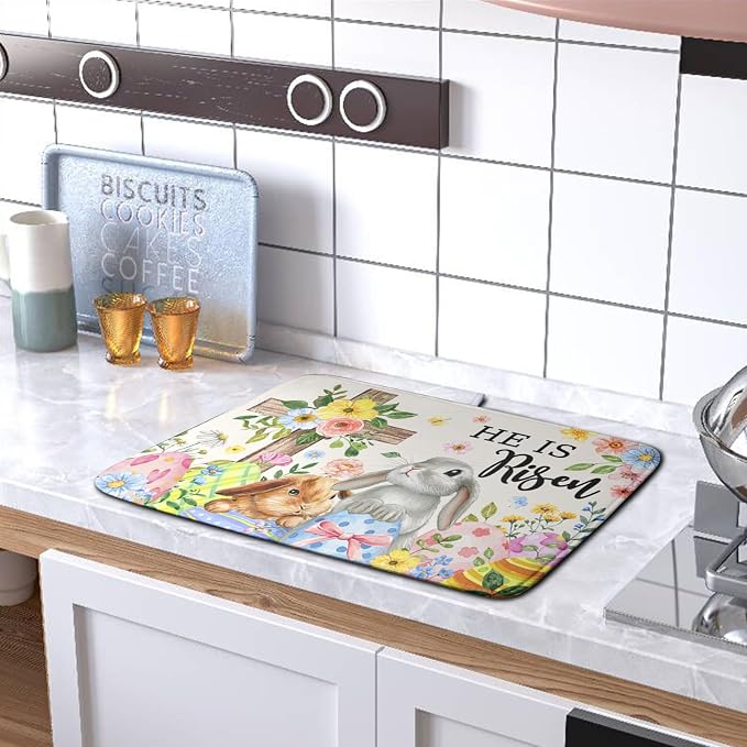 He is Risen Easter Dish Drying Mat for Kitchen Counter Bunny Floral Cross Dish Drainer Mats Spring Rabbit Flowers Egg Dish Drying Pads Absorbent Microfiber Reusable Dish Rack Mat 18x24 Inch