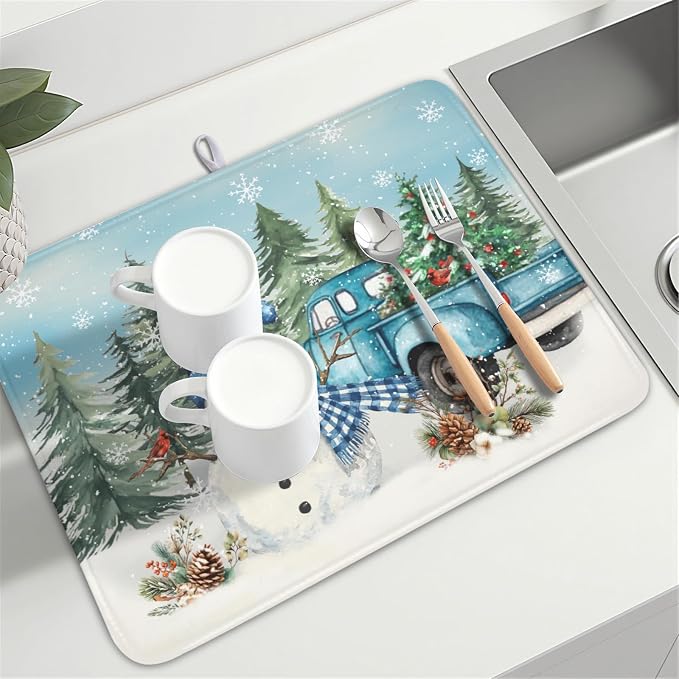 Giwawa Winter Snowman Blue Dish Drying Mat Xmas Truck Dishes Pad 18"x24" Microfiber Absorbent Drainer Rack Mats Protector for Kitchen Counter Sink